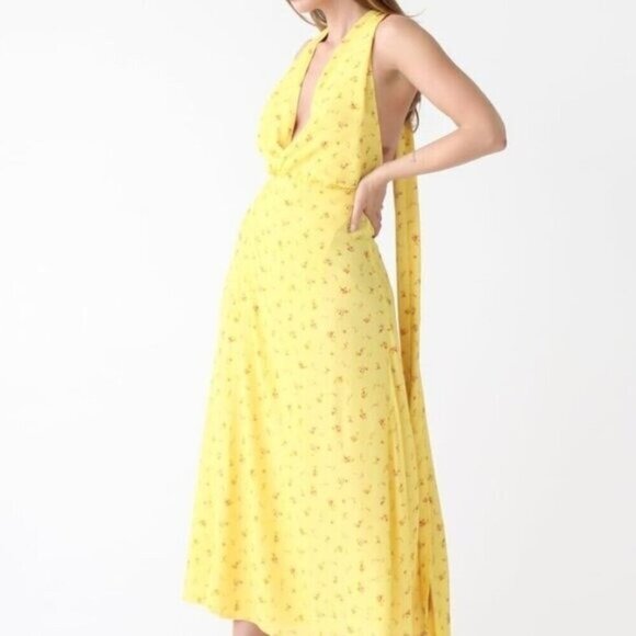 Rumored Sirena Womens Yellow Floral Halter Midi Wrap Dress - Picture 3 of 8